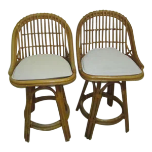 1970s Vintage Bamboo Rattan Counter Swivel Stool, Beige Cushion Tropical Style - Set of 2