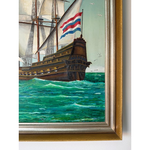 Sky Blue 1970’s R. Seaman Impressionist Tall Ship Ocean Landscape Oil on Canvas Painting, Framed For Sale - Image 8 of 12