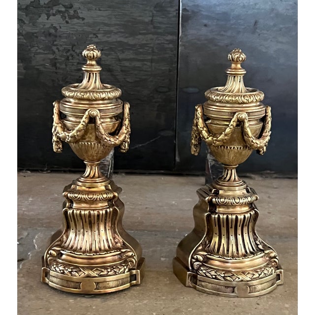 Metal 19th Century Louis XVI Style Bronze Fireplace Andirons-Set of 2 For Sale - Image 7 of 9
