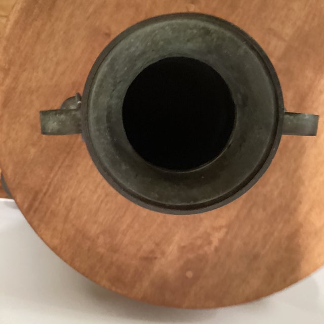 Mid 20th Century Vintage Cylindrical Metal Patinated Vase/Vessel With Unique Dangling Bell Handles For Sale - Image 5 of 12