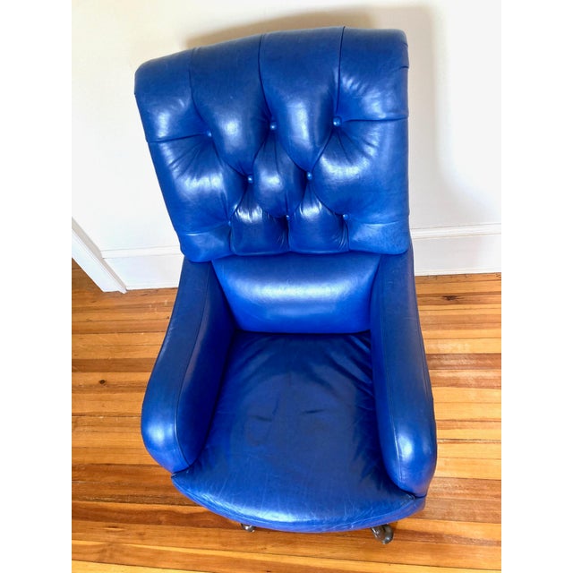 Wood 1990s Vibrant Royal Tufted Blue Leather Brass Chesterfield Executive Desk Chair with Nailhead Trim For Sale - Image 7 of 9