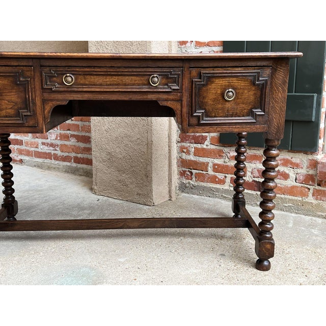 Antique English Writing Desk Table Jacobean Carved Oak Green Leather