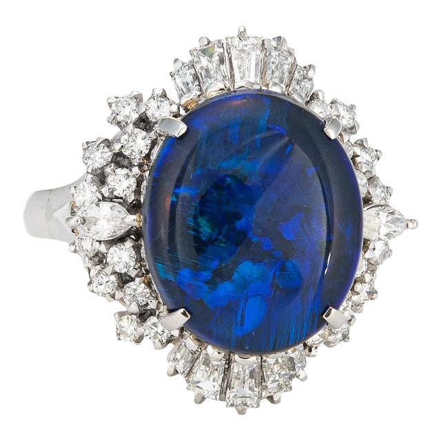 Mid 20th Century 4.58ct Natural Black Opal Diamond Platinum Ring, Sz 7.5 For Sale