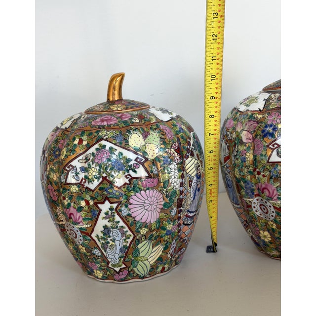 Pair of Vintage Chinese Famille Rose Medallion Pumpkin Form or "Melon-Ribbed" Body Ginger Jars With Gilded Stem Lids 10.5"h X 9"w For Sale - Image 10 of 12