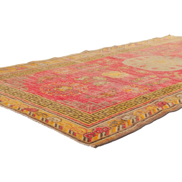 53710 Distressed Vintage Turkish Oushak Rug, 04'08 x 08'06. Weathered finesse meets East Turkestan charm in this...