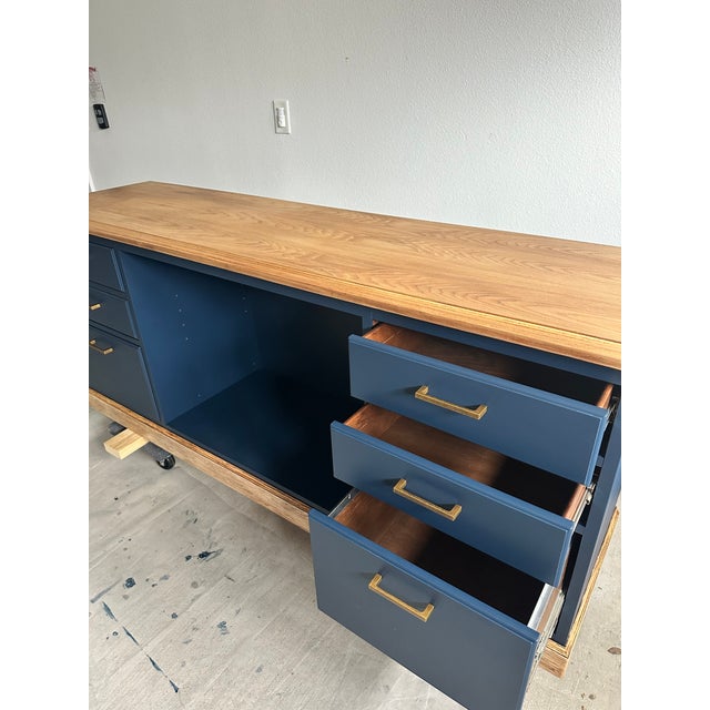 Refinished Solid Cherry Wood 72” Storage Credenza / Tv Console – Dark Navy For Sale - Image 4 of 5