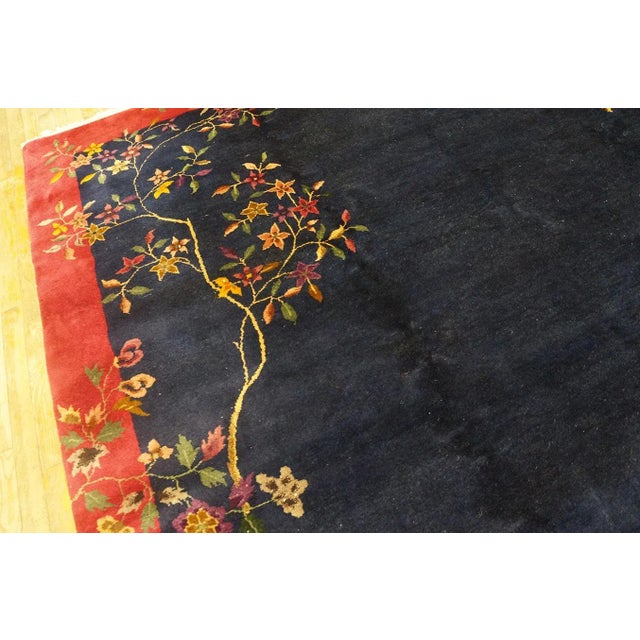 Textile 1920s Navy Blue Floral Antique Chinese Art Deco Carpet 7' 10'' X 9' 7'' Knotted Pile Wool Rug For Sale - Image 7 of 12