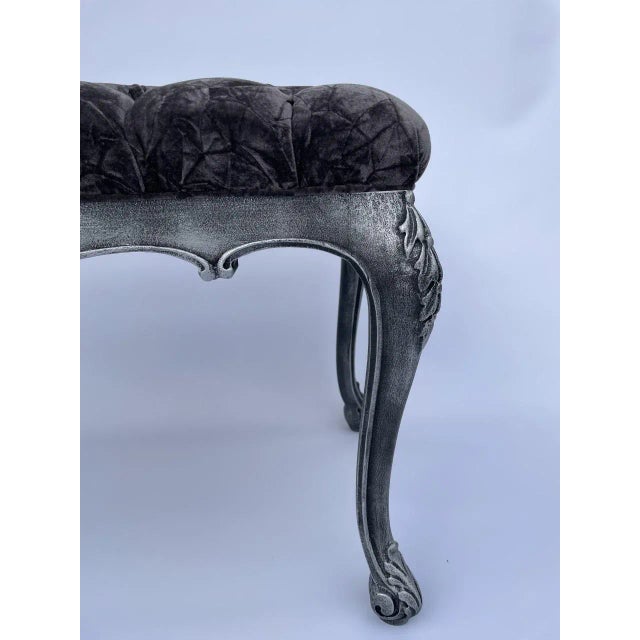 Vintage walnut carved wood frame with metallic silver finish. Tufted in gray crushed velvet upholstery.