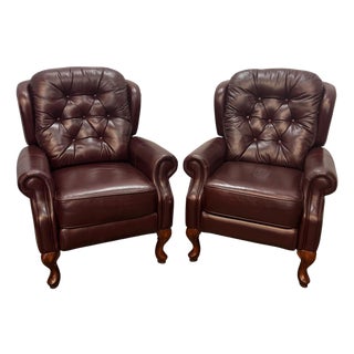 Vintage Traditional American Style Tufted Leather Recliners - Pair For Sale