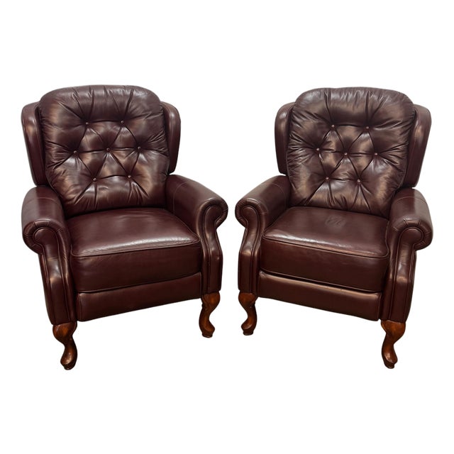 Vintage Traditional American Style Tufted Leather Recliners - Pair For Sale