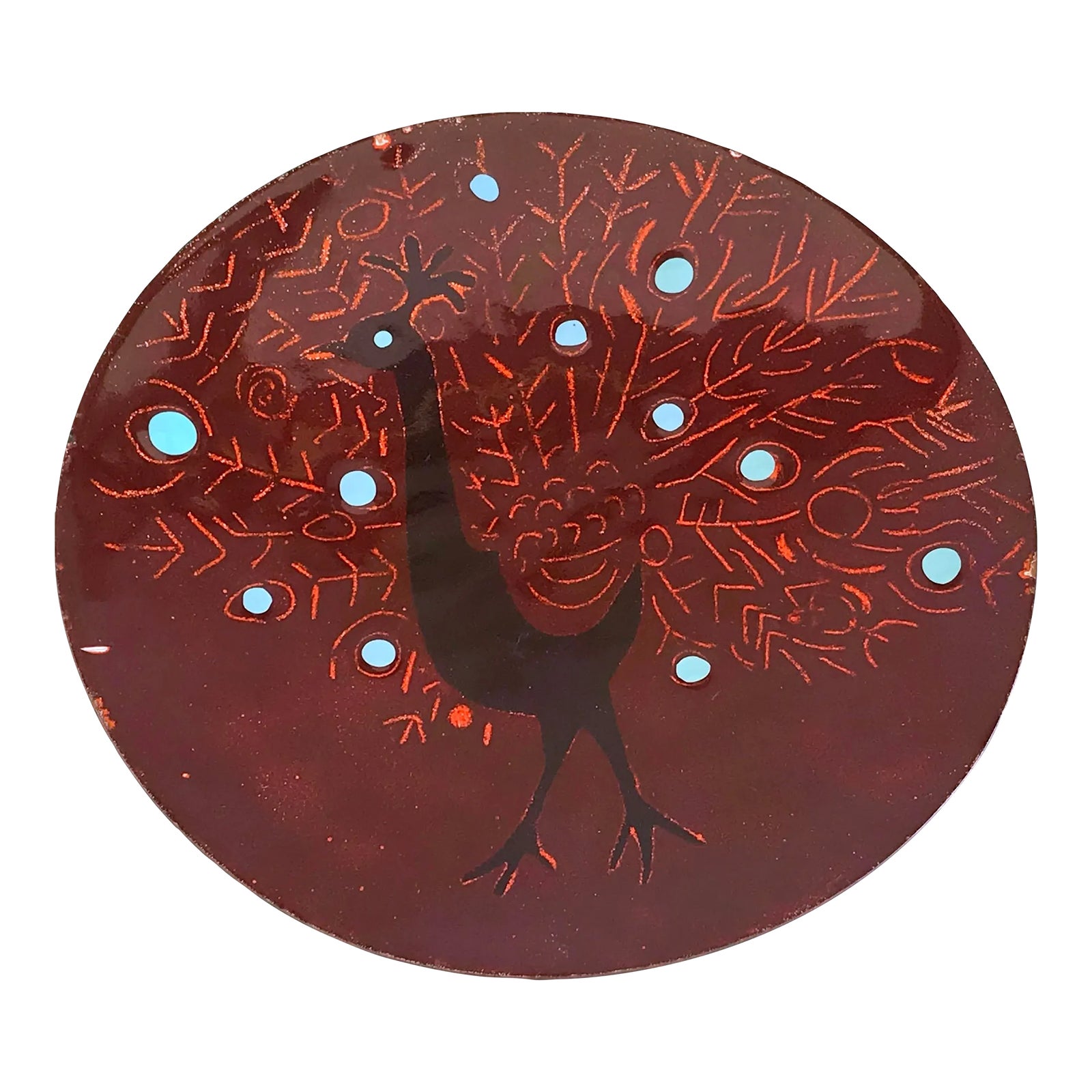 Vintage Enamel on Copper Peacock Dish / Catchall