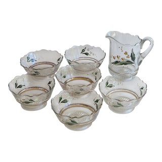 Vintage Hand-Painted Dessert Glass Bowls & Carafe - Set of 6 For Sale