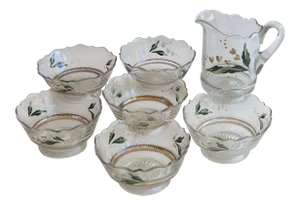 Vintage Hand-Painted Dessert Glass Bowls & Carafe - Set of 6