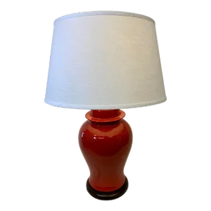 Porcelain Temple Jar Table Lamp in a Red Crackle Finish on a Wooden Base With White Barrel Lampshade