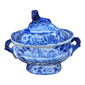 Antique Pearlware Blue Transfer Decorated Sauce Tureen With Lid, "Hindoo Pagodas" Circa 1820's