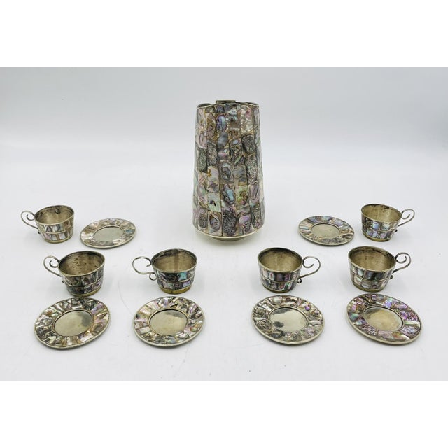1960s Mexican Alpaca Silver & Abalone Water Pitcher Set After Los Castillo For Sale In Los Angeles - Image 6 of 13