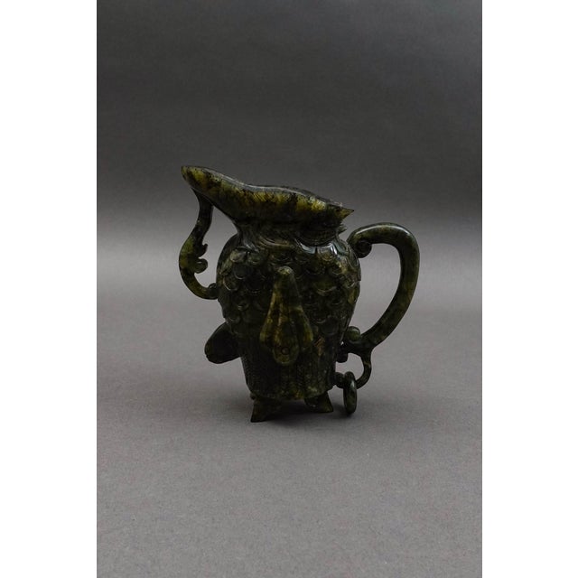 Chinese Mid 20th Century Chinese Carved Spinach Jade Carved Small Handled Pitcher For Sale - Image 3 of 9