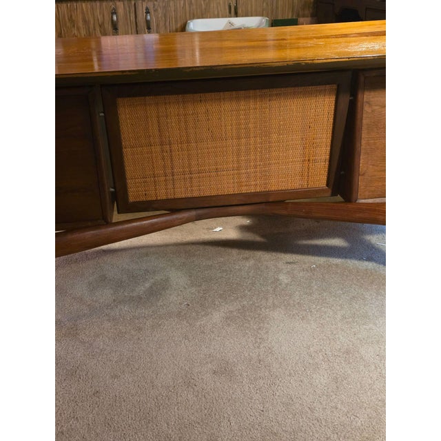 Brown Mid 20th Century Alma Skulptura Mid Century Walnut Executive Desk, 78” Danish Modern, Cane Panel For Sale - Image 8 of 11