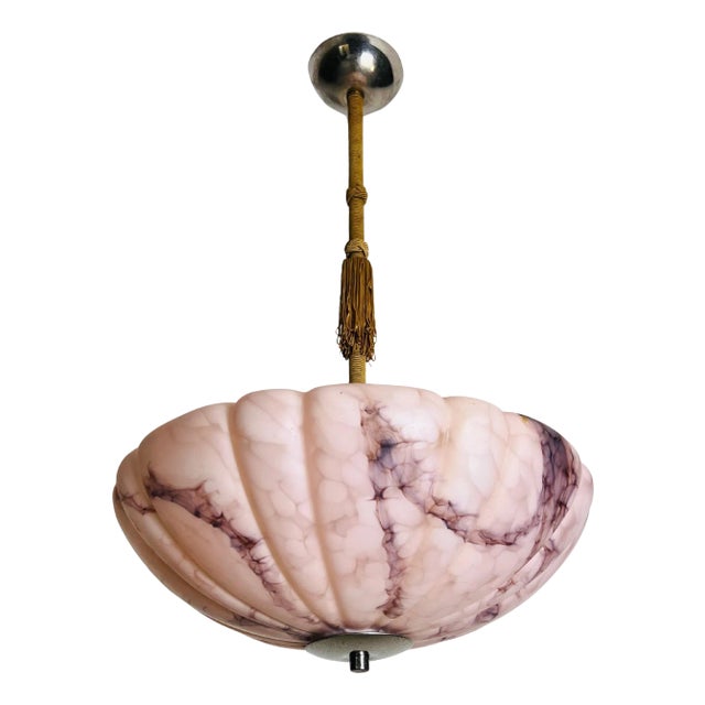 Pink Hand Carved Alabaster and Brass Ceiling Lamp, 1930s, Germany For Sale
