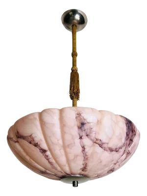 Pink Hand Carved Alabaster and Brass Ceiling Lamp, 1930s, Germany