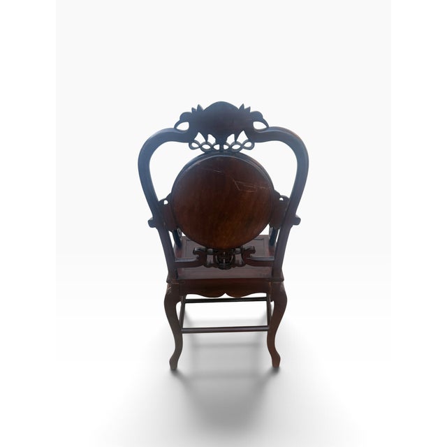 Vintage Chinese Hardwood Armchair With Mother-of-Pearl Inlay and Carved Longevity Motifs For Sale In Miami - Image 6 of 15