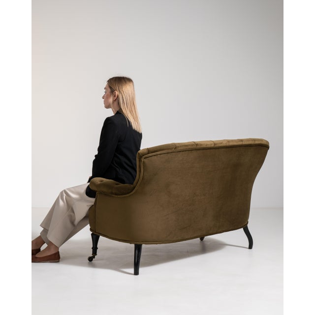 Olive Napoleon III Velvet Upholstered Sofa, Second Empire Style, France, Circa 1880 For Sale - Image 8 of 14