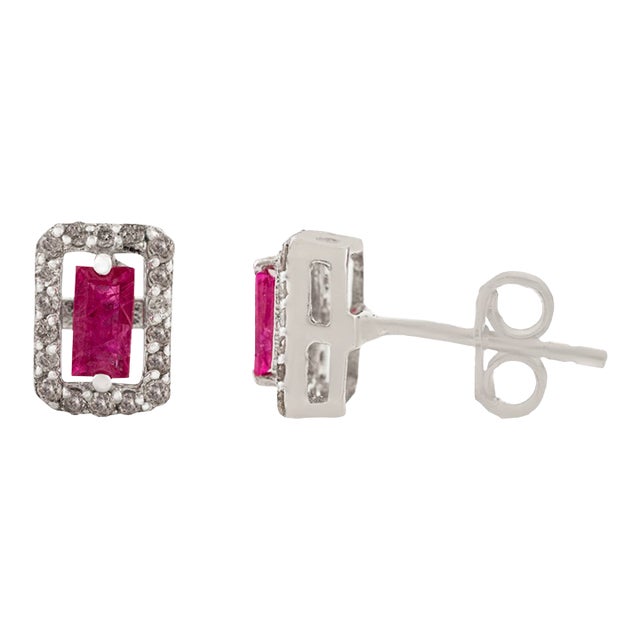 Sterling Silver Baguette-Cut Ruby Studs With Diamond-Style Halo- A Pair For Sale