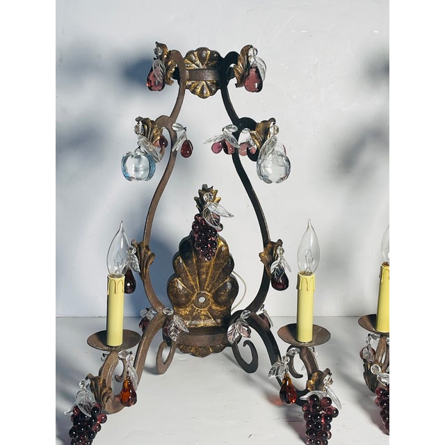 Shabby Chic Antique Iron Wrought Sconces With Glass Fruits and Grape Clusyers - Pair For Sale - Image 3 of 11
