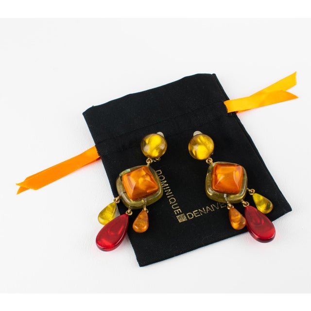 Contemporary Dominique Denaive Paris Multicolor Resin Dangle Clip Earrings For Sale - Image 3 of 8
