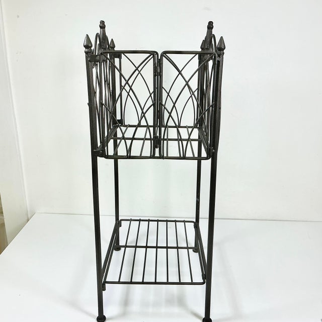 Mid-Century Boho Chic French Style Fluer De Lis Folding Iron Plant Stand With Two Tiers For Sale - Image 9 of 11