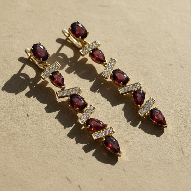 Modern Geometric Garnet Drop Earrings, Silver, Gold, Pair For Sale - Image 4 of 10