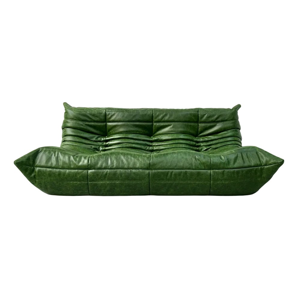 French Togo 3-Seater Sofa in Forest Green Leather attributed to Michel Ducaroy for Ligne Roset