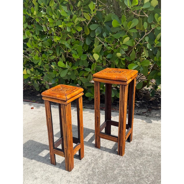 Contemporary Vintage Graduated Bamboo & Rattan Pedestal Plant Stands, Pair For Sale - Image 3 of 10