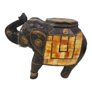 Indian Traditional Wedding Style Wood Elephant Statue With Brass & Bone Accents (1960s/1970s) For Sale