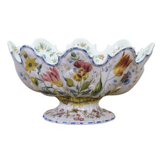 Antique Italian Nove Majolica Scalloped Footed Centerpiece Monteith Bowl 18" For Sale