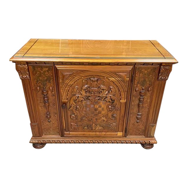 Antique Hand Carved Sideboard Cabinet, Berkey & Gay, Jacobean Revival, Walnut + Burl Wood, Glass Top, Attributed For Sale