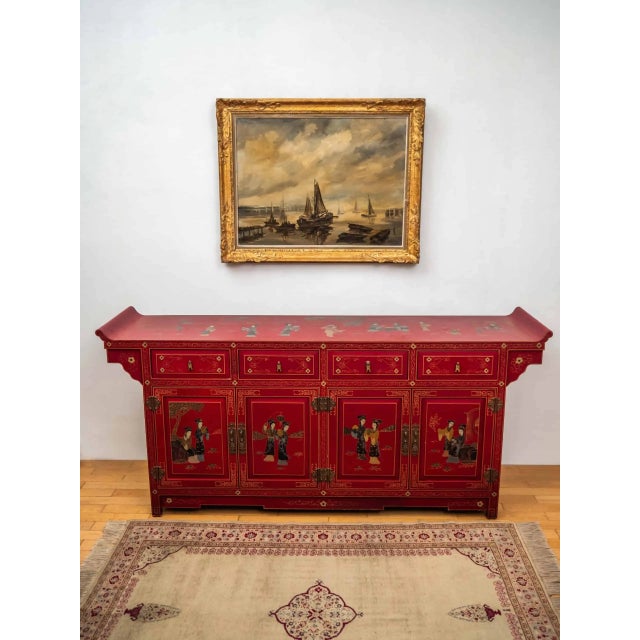Chinese chest of drawers in red lacquer with crackle decorated with hand-painted geisha in beautiful gardens. Large chest...