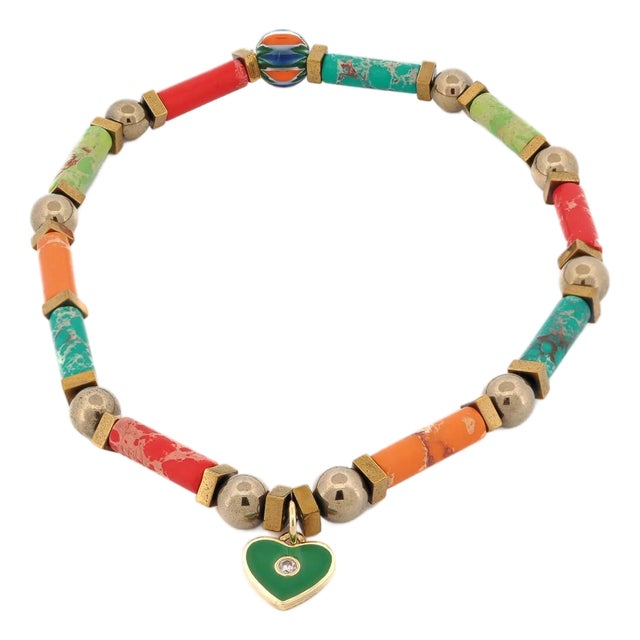 Playful Spirit Gold Anklet with Jasper & Heart Charm For Sale