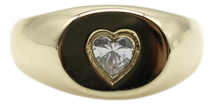 1990s 14k Gold Oval Signet Ring With Heart-Shaped Diamond, Size 6.5