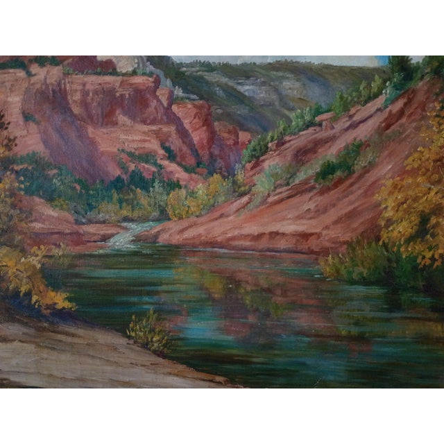 Joane Cromwell "Oak Creek Canyon" Arizona Landscape Painting With Vintage White Frame 1950's For Sale - Image 13 of 18