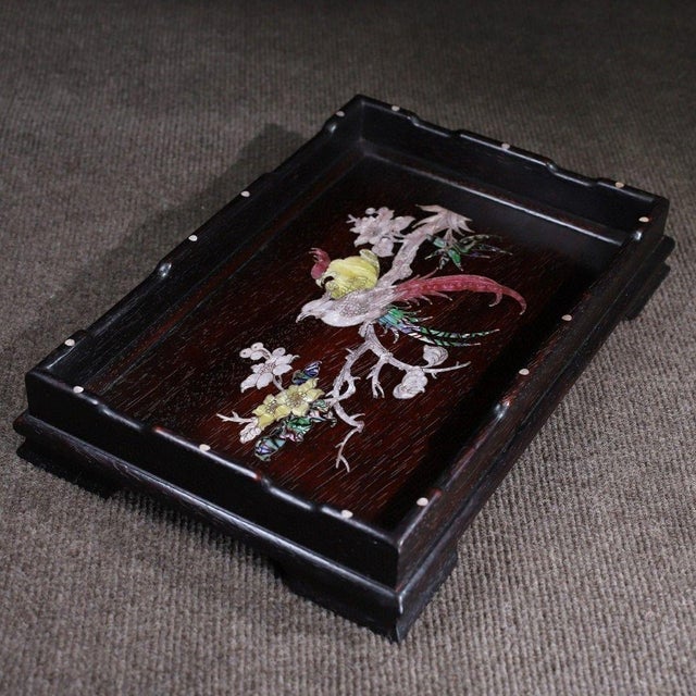 Late 20th Century Wooden Tea Tray With Mother-of-Pearl Magpie and Plum Blossom Inlay For Sale - Image 4 of 9