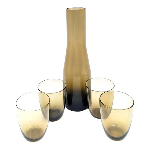 Vintage Scandinavian Smoke Brown Blown Glass Carafe and Tumblers, Set of 5 For Sale