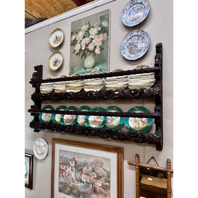 Late 19th Century Antique Late 1800s Belgian Carved Oak Plate Rack – Griffin 55" Wall Shelf For Sale - Image 5 of 18