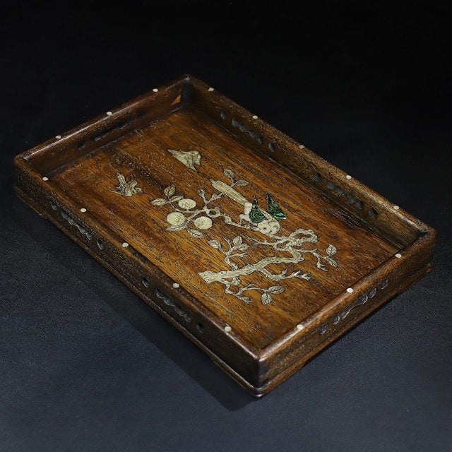 Huali Rosewood Tray Inlaid With Mother-of-Pearl Bird Motif For Sale In Los Angeles - Image 6 of 10