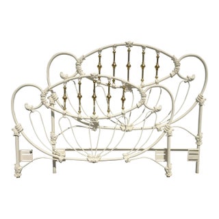 Vintage French Elliott's Designs White Iron Queen Headboard & Footboard For Sale