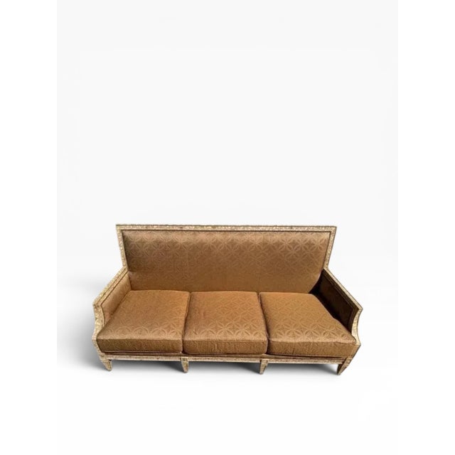 Wesley Hall Furniture Vintage Wesley Hall Distressed Painted Sofa With Exposed Cross-Back Frame For Sale - Image 4 of 11