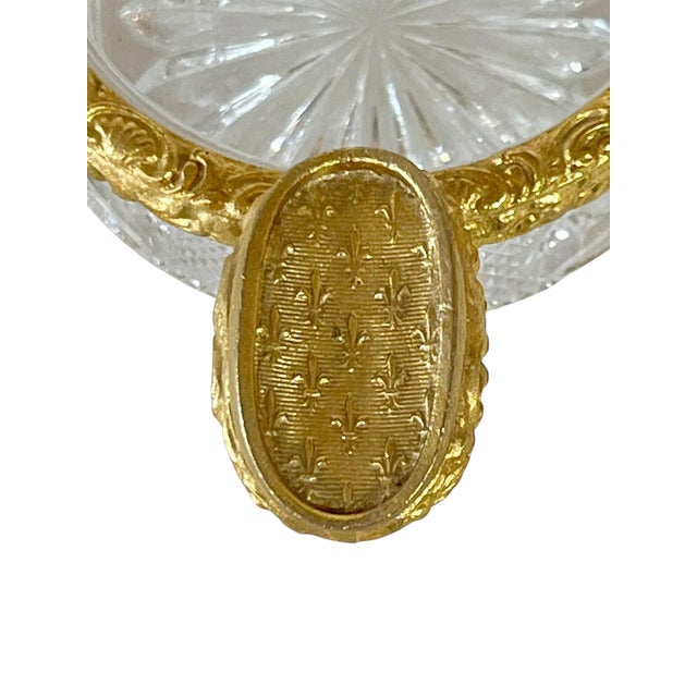 Glass Vintage French Cut Glass and Brass Fleur De Lis Personal Size Ashtray Dish For Sale - Image 7 of 8