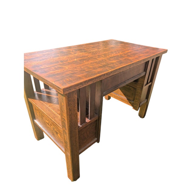 Antique Mission Style Quartersawn Oak Desk | Arts & Crafts Era Kneehole Library Writing Table For Sale - Image 14 of 17