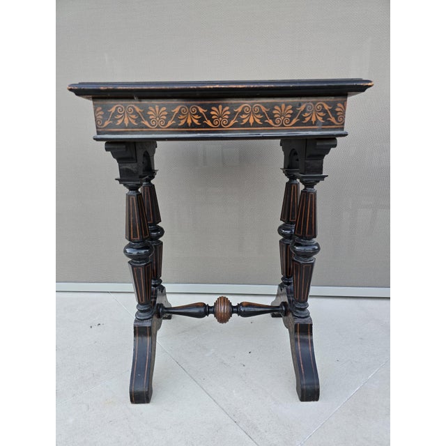 Antique Neo-Renaissance Italian Ebonized Marquetry Worktable with Leopard Motif, 1880s For Sale - Image 5 of 17