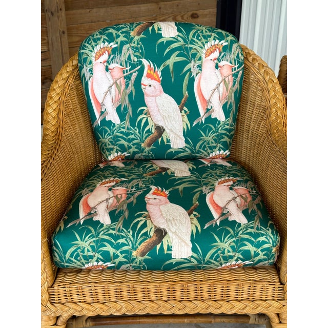 1980s 1980’s Coastal Regency Wicker Draped Upholstered Lounge Chairs-Pair For Sale - Image 5 of 12